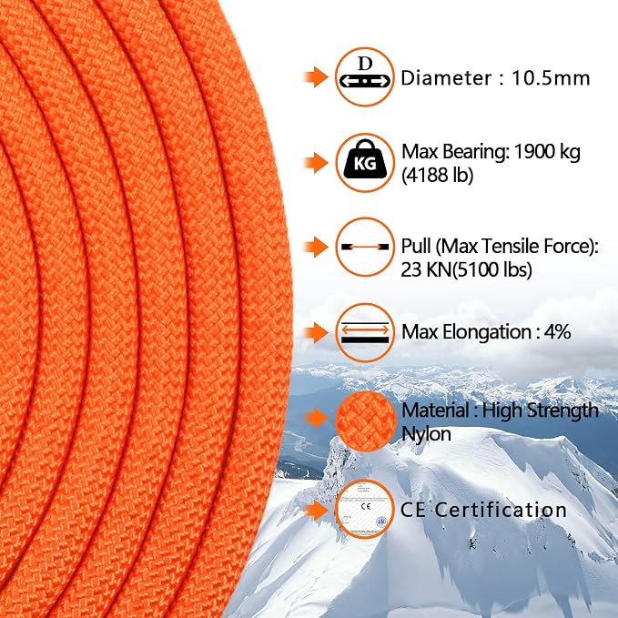 AOLEBA 10.5 mm Static Climbing Rope 10M(32ft) 20M(64ft) 30M(96ft) 50M(160ft) 70M(230ft) Outdoor Rock Climbing Rope, Escape Rope Ice Climbing Equipment Fire Rescue Parachute Rope