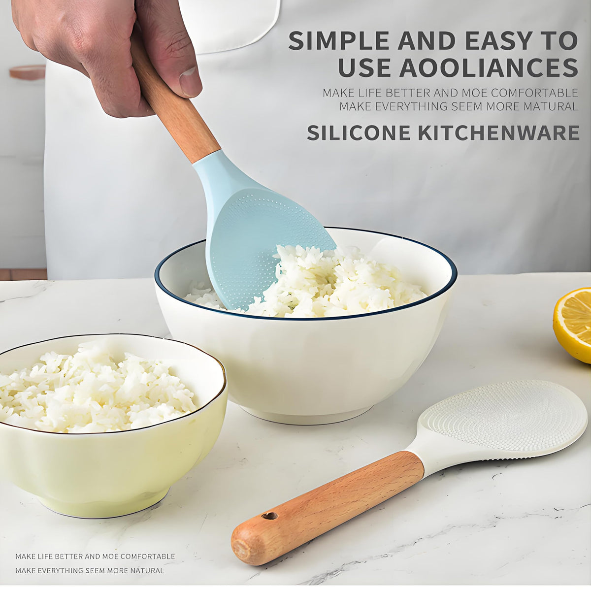 SoKalChw Spatula Spoon and Rice Spoons with Wooden Handle, Food Grade Silicone Great for Cooking, Mixing, Scooper, Scrape, Non stick Heat Resistant (white - Rice set 2 pcs)