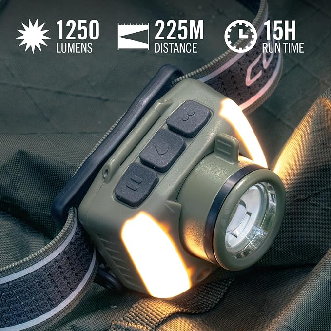 Coast FL97R Voice-Controlled 1200 Lumen Rechargeable LED Headlamp with Pure Beam Spot & Flood, ARC Lighting, Red & Green Color Modes, Glide Focus Radial Arm Dial and USB-C Charge Port, Grey