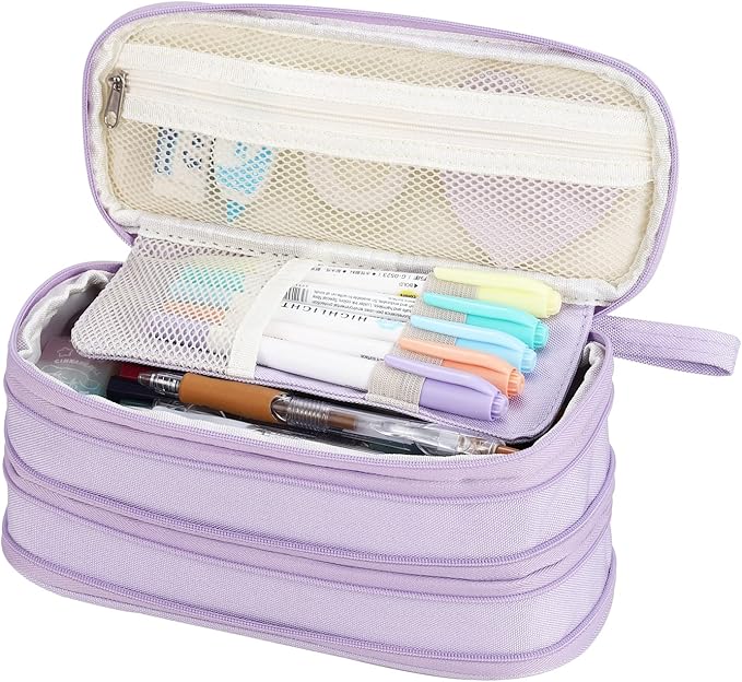 Large Pencil Case Zipper Pencil Pouch Organizer Big Capacity Pencil Bag with Handle Portable for Girls Kids Adults Gift Pen Case for School Home Office Purple
