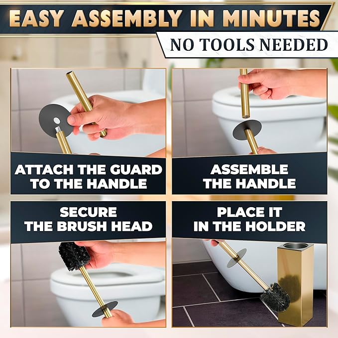 Stainless Steel Toilet Brush and Holder Set Gold & Square Design - Corrosion and Scratch-Resistant Gold Toilet Brush and Holder Set with Splash Protection - for Deep & Effective Bathroom Cleaning