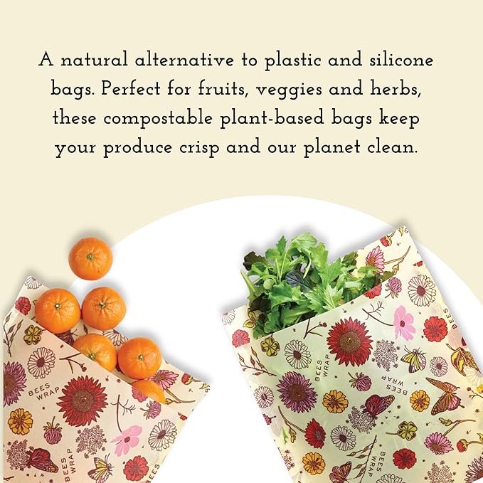 Bee's Wrap Vegan Beeswax Wraps for Food - 2 Meadow Magic Produce Bags - Made in USA Reusable & Organic Food Wraps & Reusable Produce Bags - Eco-Friendly Alternative to Aluminum Foil & Plastic Wrap