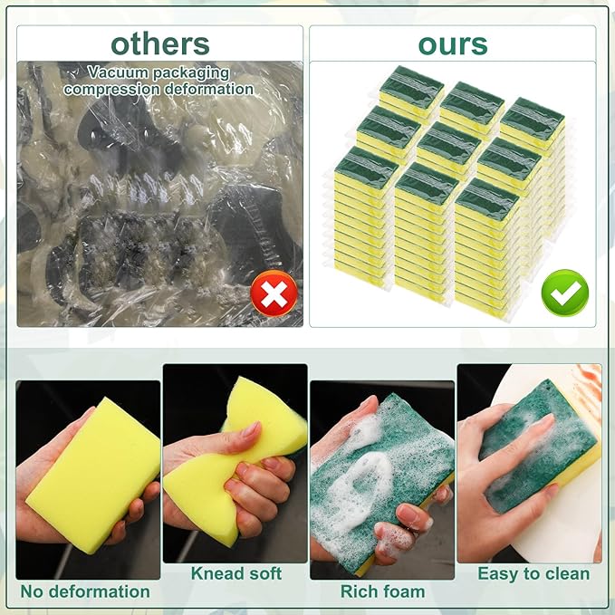90 Pack Individually Wrapped Sponges Uncompressed Kitchen Dishwashing Non Scratch Scrouing Sponge Bulk for Hotel Car Airbnb Apartments,Green