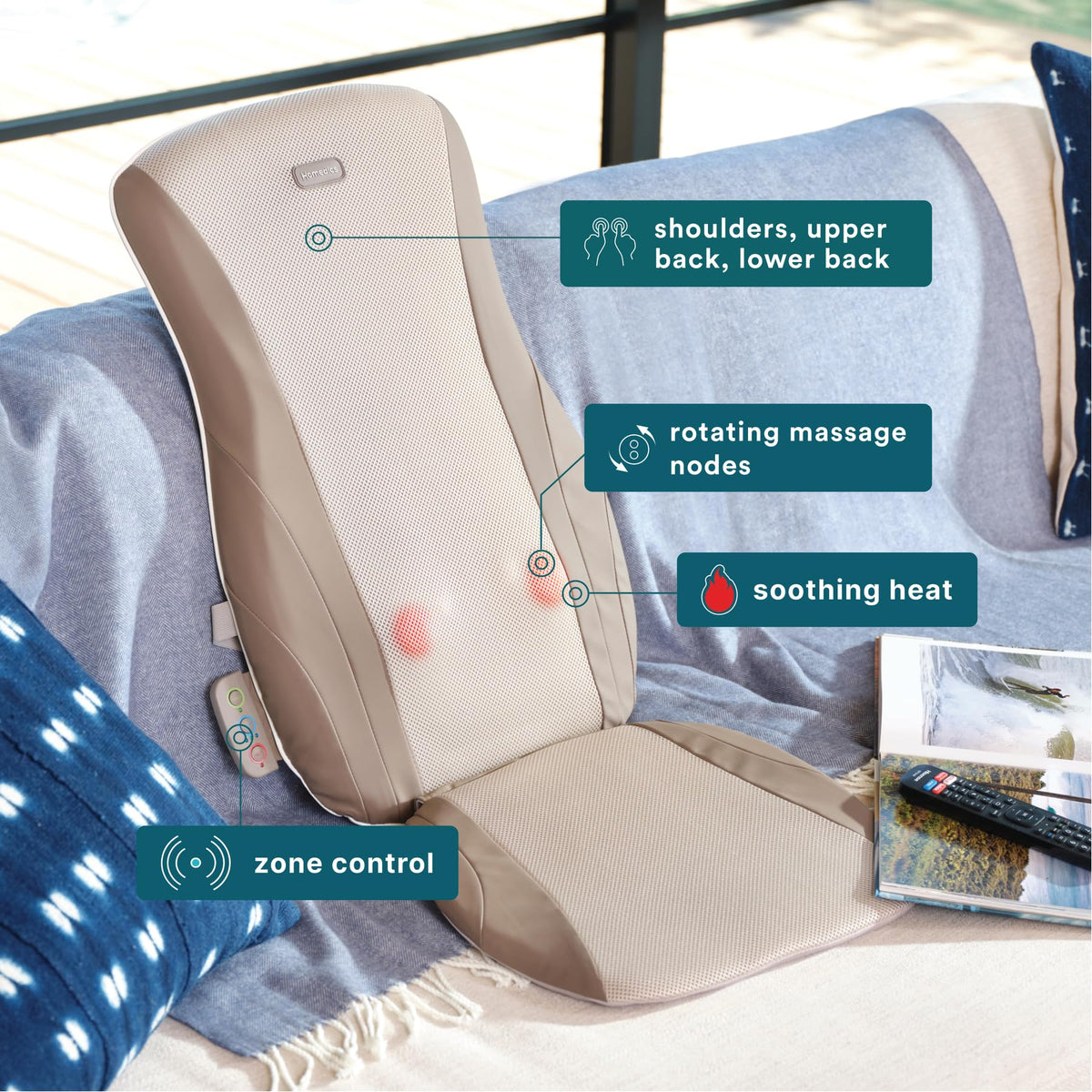 Homedics Shiatsu Massage Cushion with Heat for Full, Upper, and Lower Back, Deep Kneading Massager, Fits Most Chairs for Home or Office Use, Custom Comfort with 3 Zones for Targeted Control