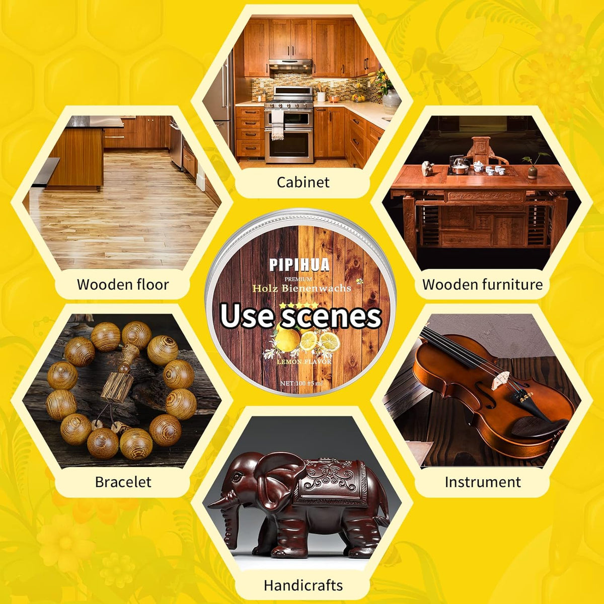 PIPIHUA Beeswax Polish and Conditioner for Wood Furniture - Waterproof & Restorer Wood Wax, Multipurpose Beeswax Furniture Polish and Cleaner for All Types and Colours, Lemon(100g with Sponge)