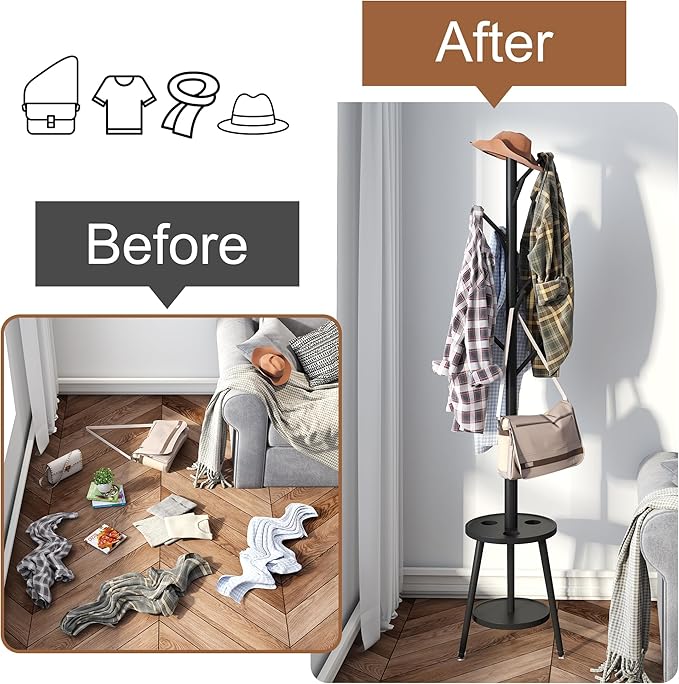 FILWH Freestanding Coat Rack with Umbrella Organizer Tray Bamboo Coat Tree Rack with 8 Hook Stand for Clothes Bag Hats Entryway Hanger Stand(Black)