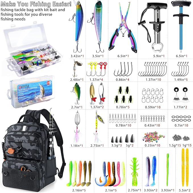 Fishing Backpack with Tackle Boxes and Rod Holder, 24L Fishing Sling Bag with Fishing Lures Kit, Fishing Gear Bag Gifts for Men Women - Camo Black Backpack