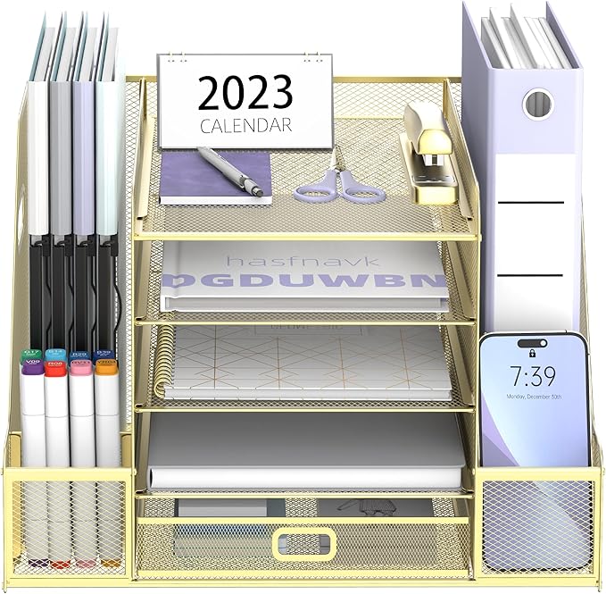SUPEASY Mesh Desk Organizer with File Holder, 5-Tier Paper Letter Tray Organizer with Magazine Holder, Desktop Organizer and Storage with Drawer for Office Supplies Home or School, Gold