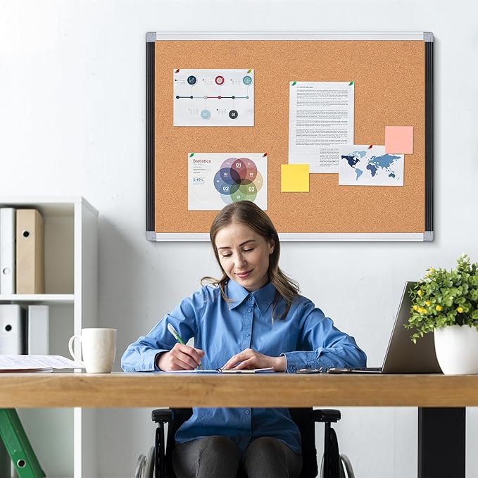 Board2by Cork Board Bulletin Board 24" x 18", Black/Sliver Aluminium Framed Corkboard, Office Board for Wall Decor, Large Wall Mounted Notice Pin Board with 18 Push Pins for School, Home & Office