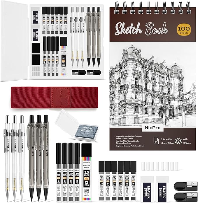 Nicpro 26PCS Art Drawing Supplies Kit, Mechanical Pencils Set 0.5, 0.7, 0.9 & 2mm, 100 Sheets Sketch book, 172PCS Lead Refills, School Supplies Gifts for Artist Adults Teens Girls Boys Kids Sketching