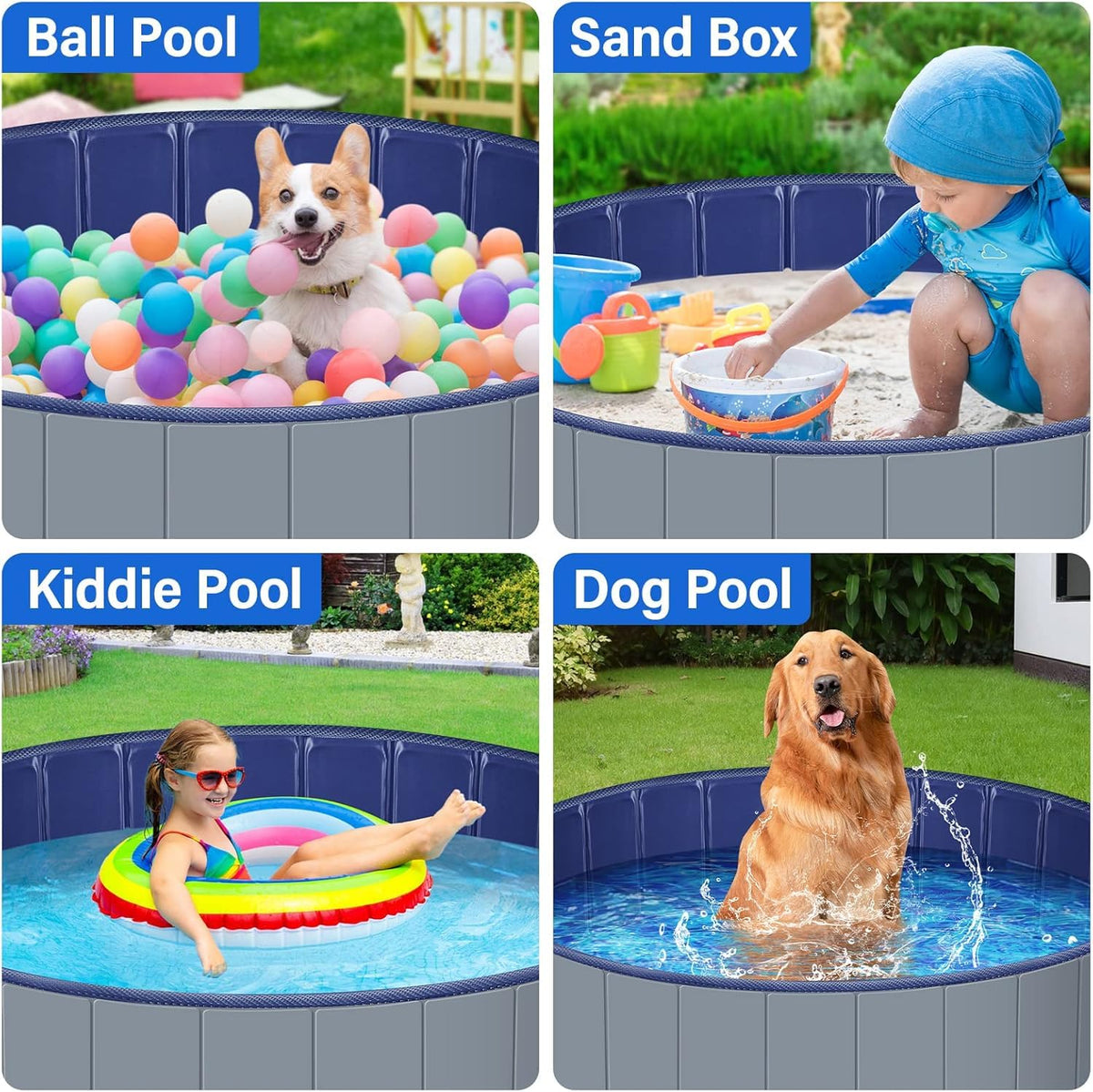 Dog Pool for Large Dogs, Kiddie Pool Hard Plastic, Dog Bathtub Portable, Foldable Pool for Dogs Slip-Resistant (Dark Gray, XL-64"x12")