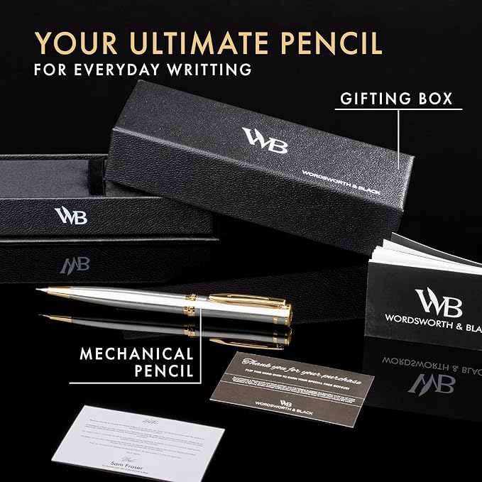 Wordsworth and Black Mechanical Pencil Graphite Lead- Stunning Luxury Metal Pencil, Silver Chrome 24K Gold Finish, 0.7mm Led, Best Gift Set for Men & Women, Professional Executive Office Pencils