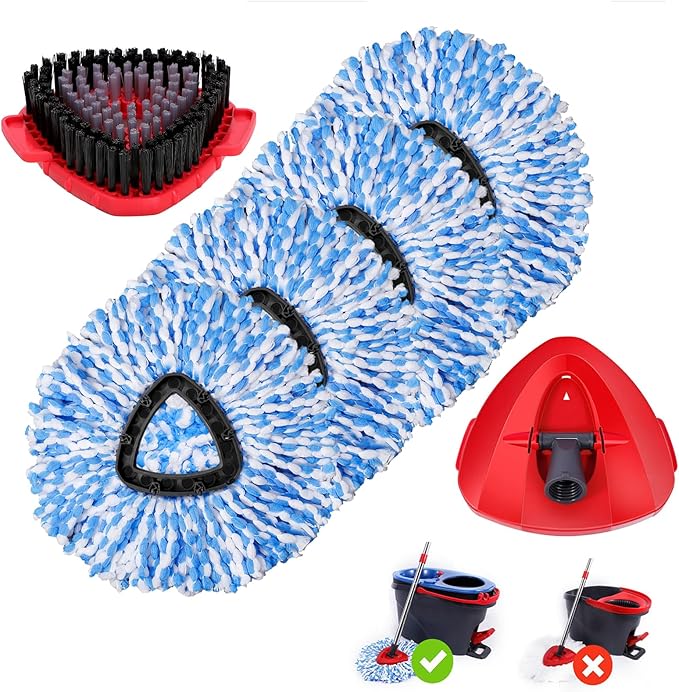 4 Pack Spin Mop Replacements Heads Compatible for Oceda RinseClean 2-Tank System,Microfiber Spin Mop Refills Head,1 Gray Mop Scrub Brush + 1 Mop Base + 4 Pack Easy Cleaning Mop Head Replacement