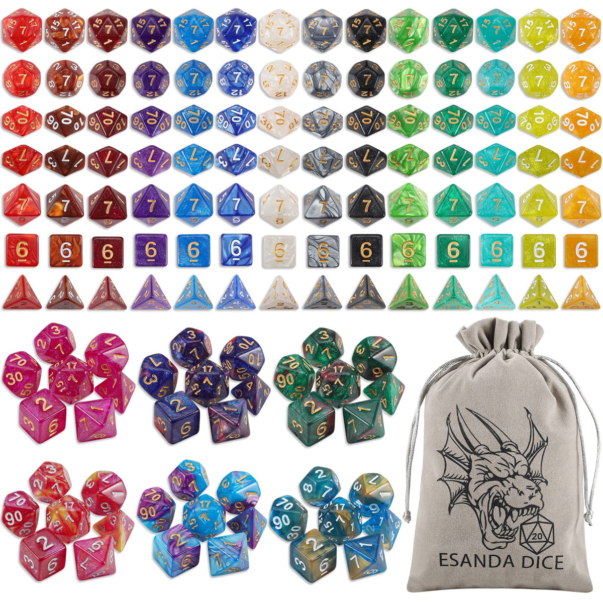 DND Dice Set - 20X7(140pcs) Polyhedral Dice for Dungeons and Dragons D&D RPG MTG Table Games with 1 Large Flannel Bag