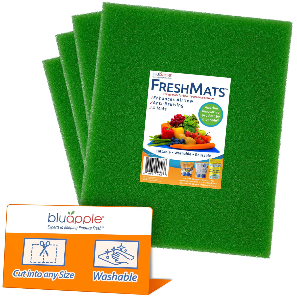 Bluapple FreshMats - Refrigerator Bin Liners, Fridge Drawer Mats - Keeps Produce Fresh Longer, Prevents Bruising, Promotes Air Circulation - BPA-Free Polyurethane Foam - (4-Piece Set, 12"x15", Green)