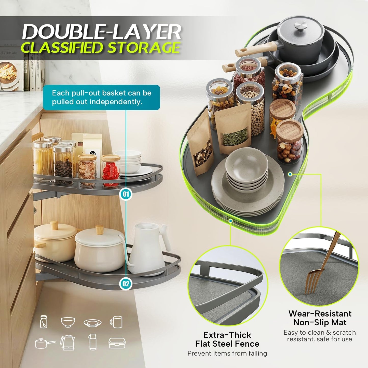 Blind Corner Cabinet Pull Out Organizer 12 14 16 18 Inch, 2 Tier Kitchen Cabinet Organizer, Heavy Duty Adjustable Lazy Susan Shelf with Soft Close, Left or Right Mount for Blind Corner Cabinets