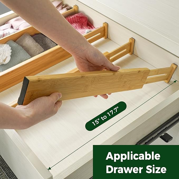 Utoplike Small Bamboo Kitchen Drawer Dividers(Fits 15"-17.7" Drawer Inner Size), 4 PCS Adjustable Drawer Organizers for Socks, Spring Loaded, Works in Drawer for Bedroom, Dresser