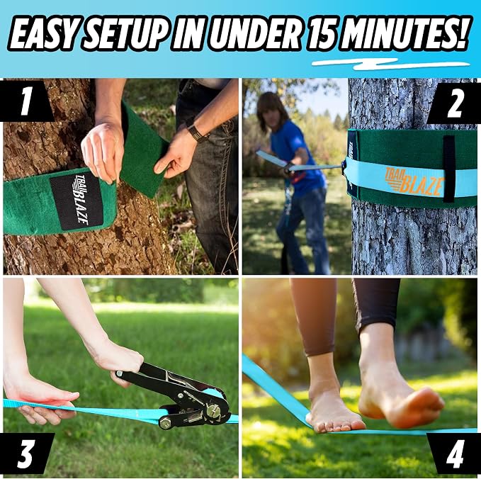 Complete Ninja Slackline Kit - 60ft Slack Line for Backyard for Kids & Adults - Wider Tree Protectors Slackline Kit for Ninja Warrior Obstacle Course for Kids Outdoor Playset (Essential Kit - Blue)