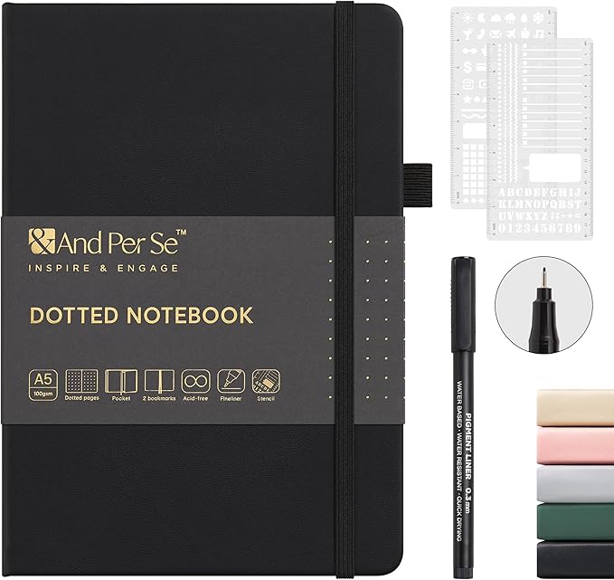&And Per Se Bullet Dotted Journal Notebook, A5 Leather Hardcover, 176 Numbered Pages 100GSM Thick Dotted Paper, 2 Sheets of Stencils Included - 5.7'' x 8'' (Black)