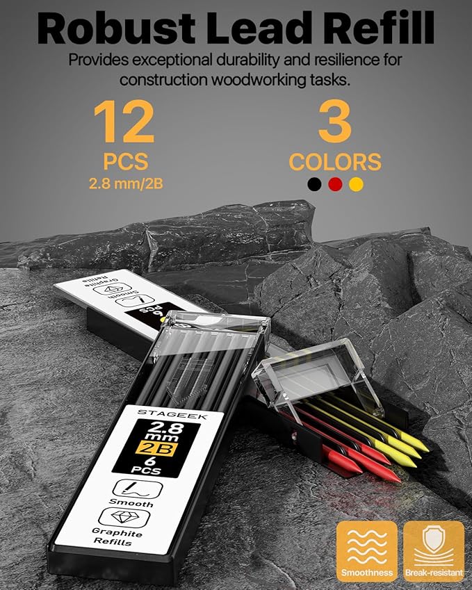 Carpenter Pencils Set with Sharpener, Heavy Duty Woodworking Tools with 13 Refills (Red, Black, Yellow), Construction Pencil and Deep Hole Long Nib Marker Pen for Architect Marking with Case