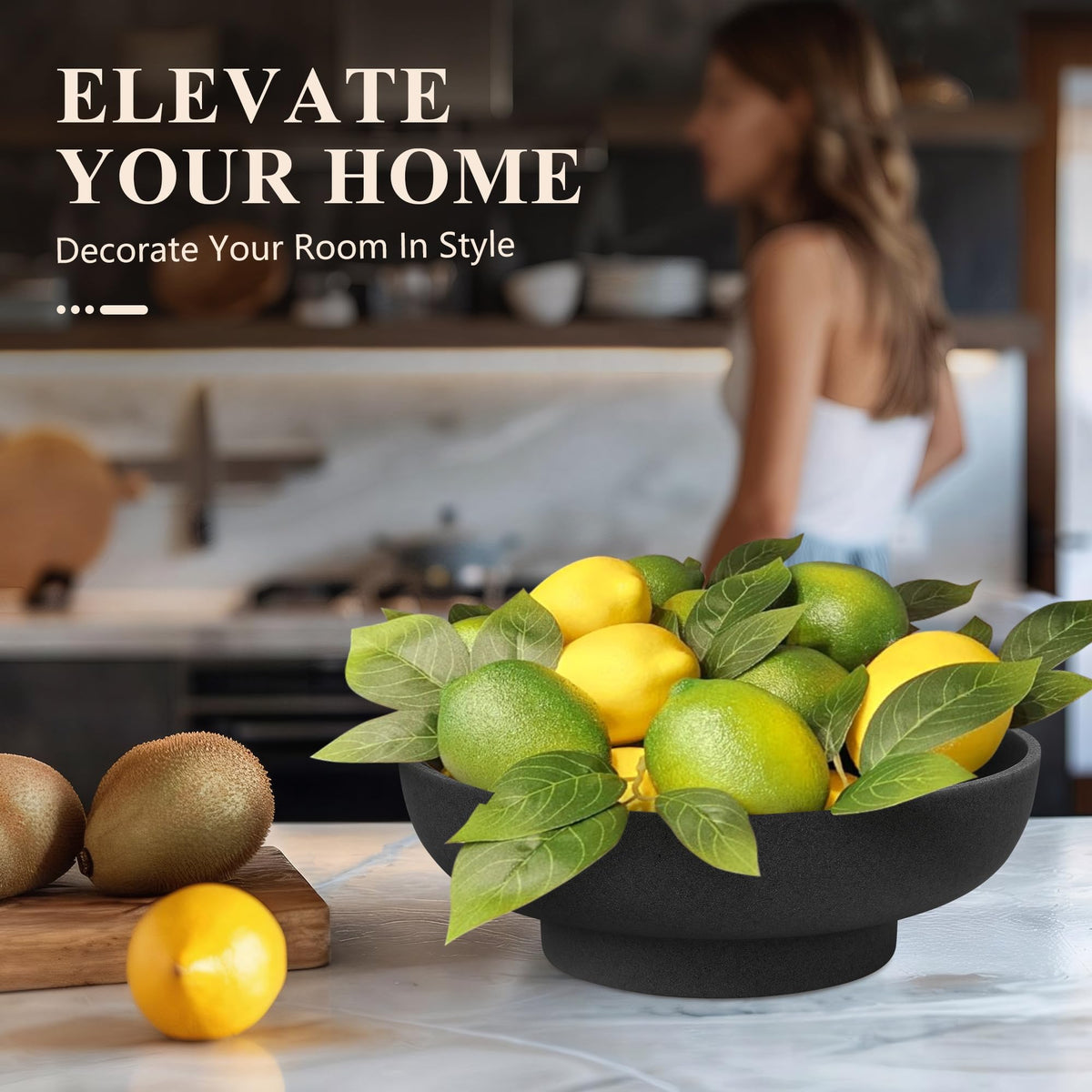 YMXYJM Large Decorative Resin Bowl, Modern Handicraft Bowls for Home Decor, Decorative Fruit Bowl for Kitchen Counter, Stylish Key Bowl for Entry Table, Artificial Stone Black