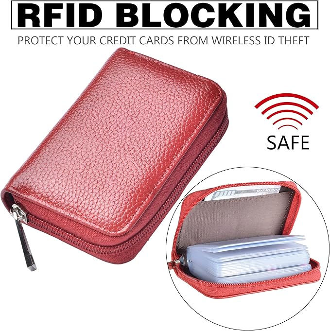 Easyoulife Genuine Leather Credit Card Holder Zipper Wallet With 26 Card Slots