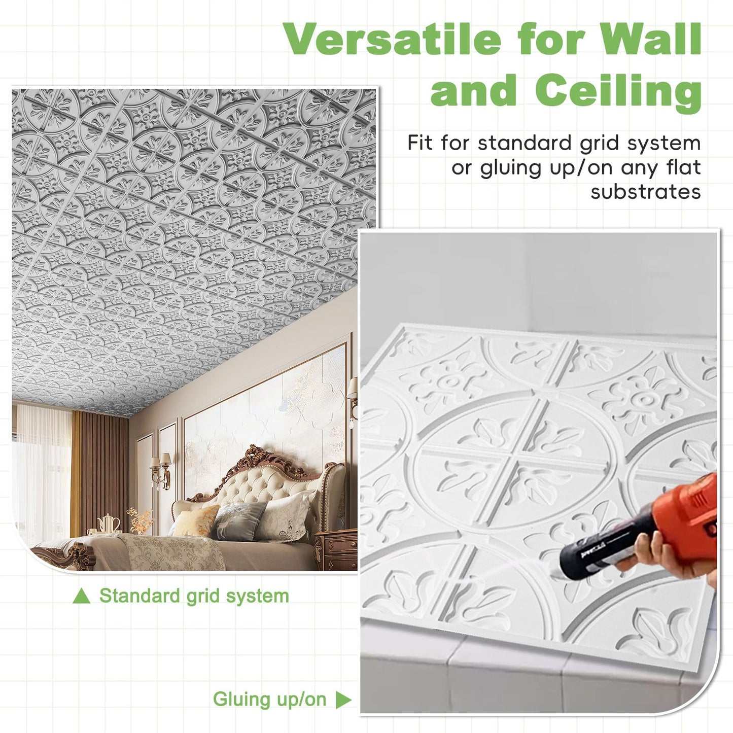 Art3d Drop Ceiling Tiles 2x2, Glue-up Ceiling Panel, Fancy Classic Style, Argent Silver