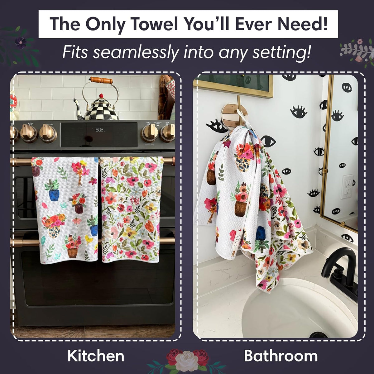 Microfiber Hand Towel & Washcloth Set of 2 - Double-Sided, Waffle Weave, Super Absorbent, Lint-Free, Fast Drying - Stars & Stripes Pattern for Bathroom, Kitchen, Car, and Window Cleaning
