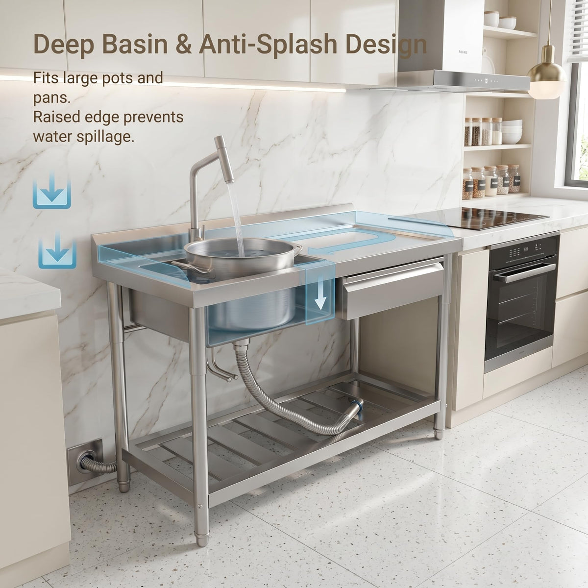 Freestanding Utility Sink 47" x 20" x 37", Left Side Single Bowl with Right Side Countertop and Storage Drawer, Stainless Steel Laundry Sink with T Shape Faucet, Workbench for Garage or Laundry Room