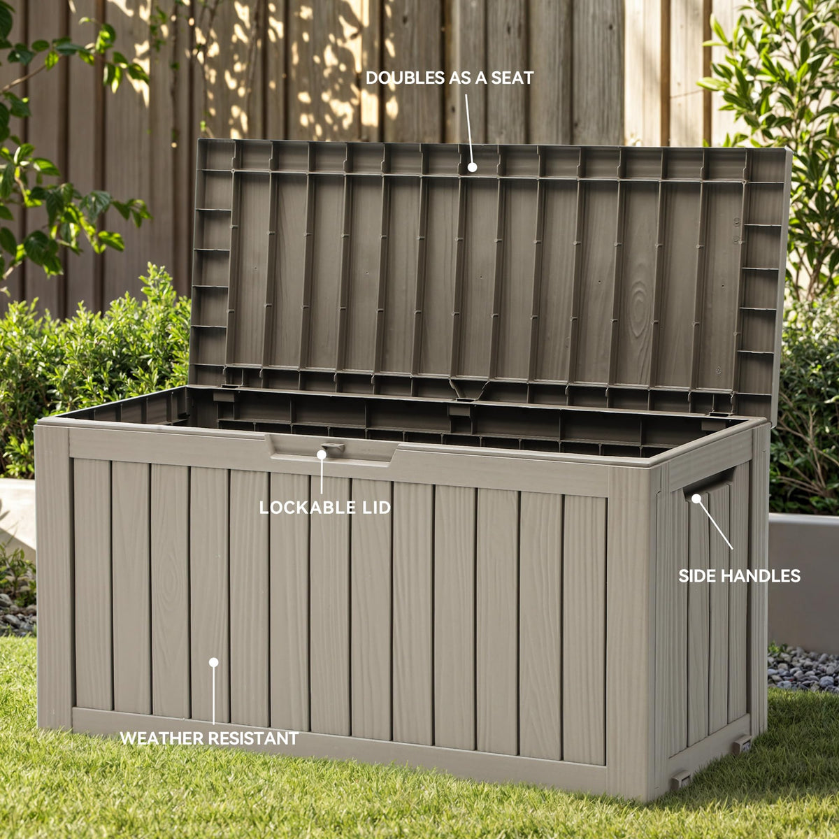 YITAHOME 72 Gallon Outdoor Storage Box w/Wheels, Resin Deck Box Indoor & Outdoor Patio Storage Box for Throw Pillows, Athletic Gear, Yard Implements (Light Brown)