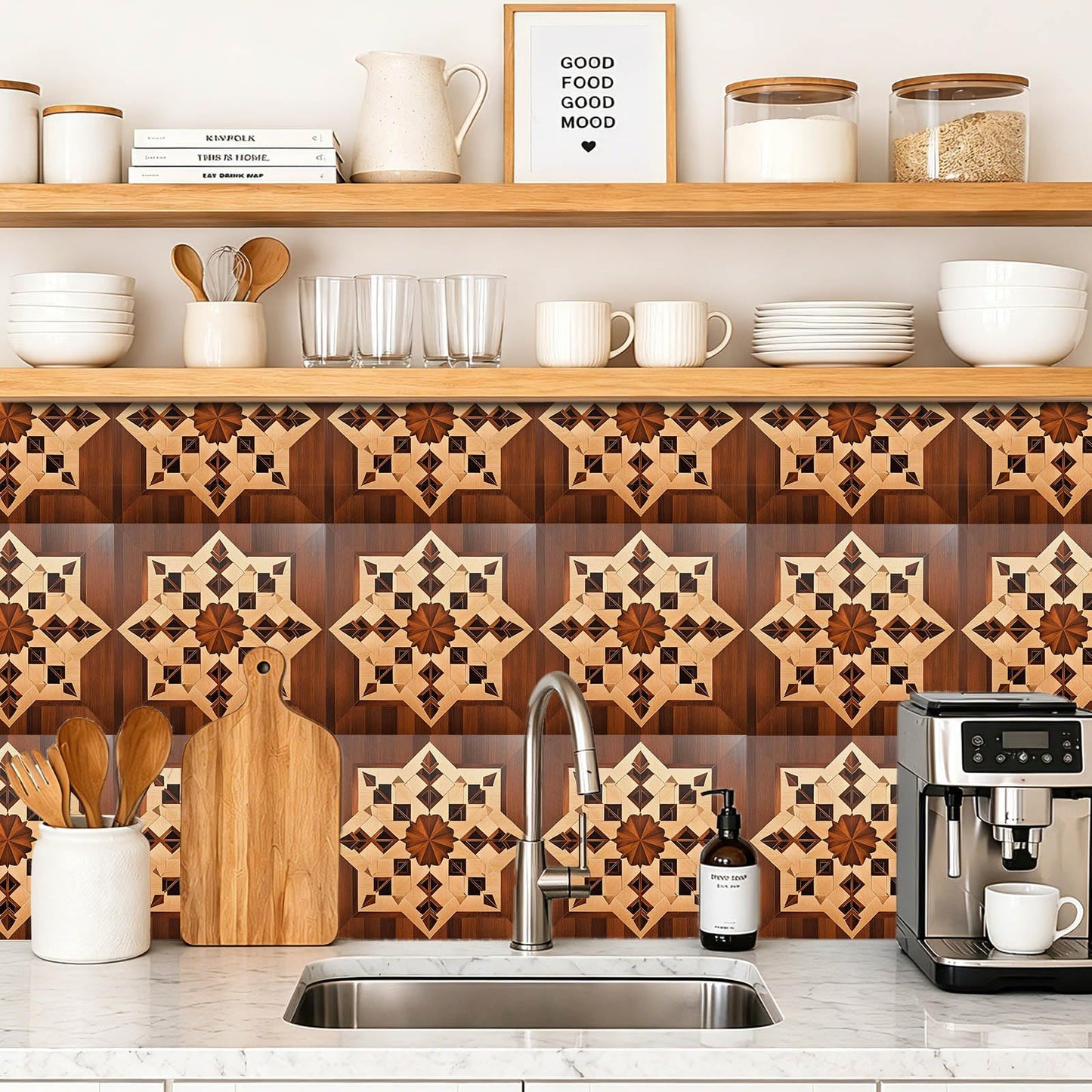 IVN 10 Piece Peel and Stick Floor Tile 12 X 12 Inch PVC Vinyl Flooring Removable No Sticky Residue Decal for Bathroom Kitchen Fireplace Stairs Brown Wood Geometric Pattern
