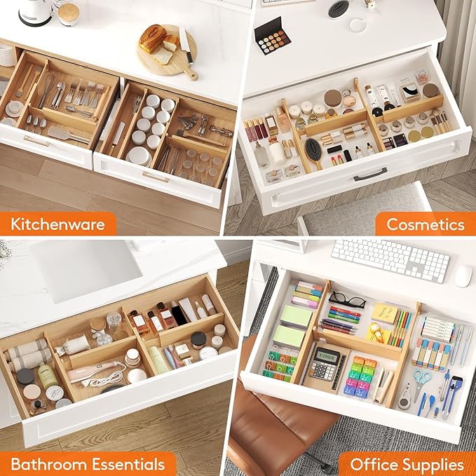 Lifewit 8 Pack Drawer Dividers Bamboo 4" High, 12-17" Adjustable Drawer Organizers for Clothes, Expandable Dresser Separators in Bedroom/Bathroom/Kitchen/Fridge/Office Organization and Storage