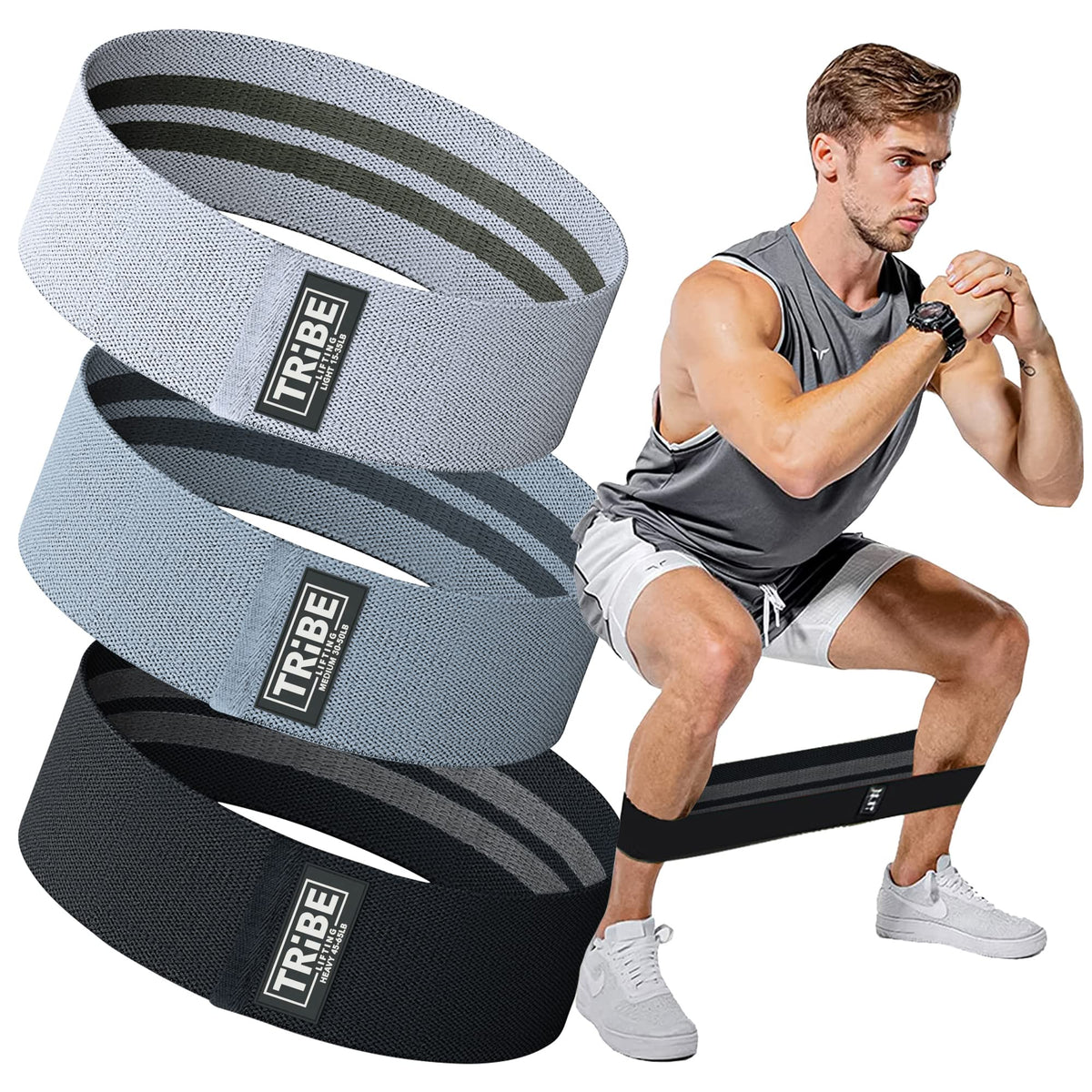 Tribe Lifting Fabric Resistance Bands for Exercise - Hip Bands for Working Out Legs, Glutes, Knees and Thighs for Men and Women - Cloth Circle Booty Bands for Physical Therapy (Gray)