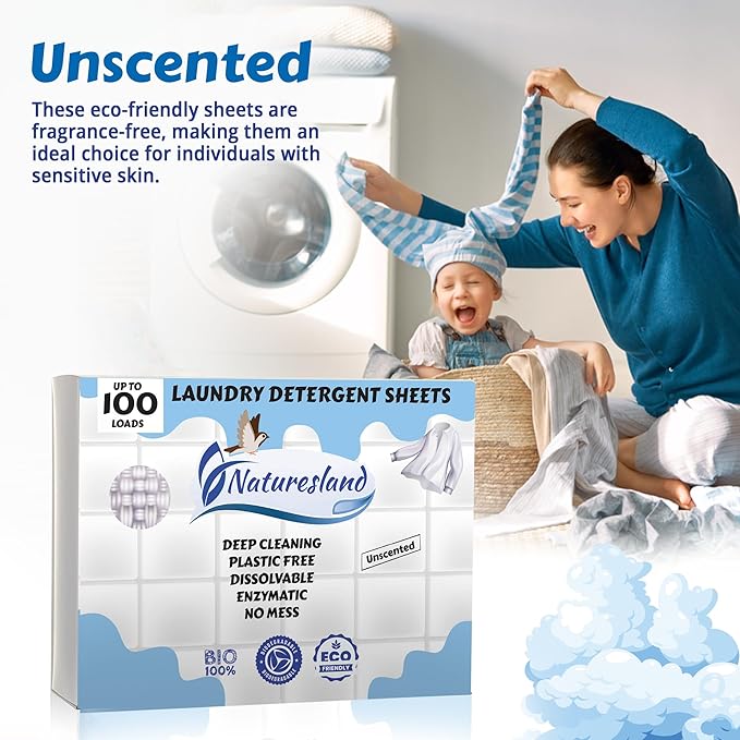 Premium Laundry Detergent Sheets Unscented - 100 Load Eco-Friendly Laundry Strips - Hypoallergenic, Zero-Waste, Plastic-Free - Ideal for Apartments, Dorms, Travel 50ct.
