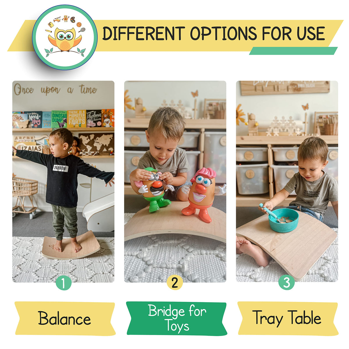 DaWikity Kids Balance Board - Wooden Wobble Board for Kids - Compact Balancing Trainer - Poplar Core - Eco-Coating - Sensory Motor Development - Core Strengthening - 17x12x3", Up to 480 lbs Capacity