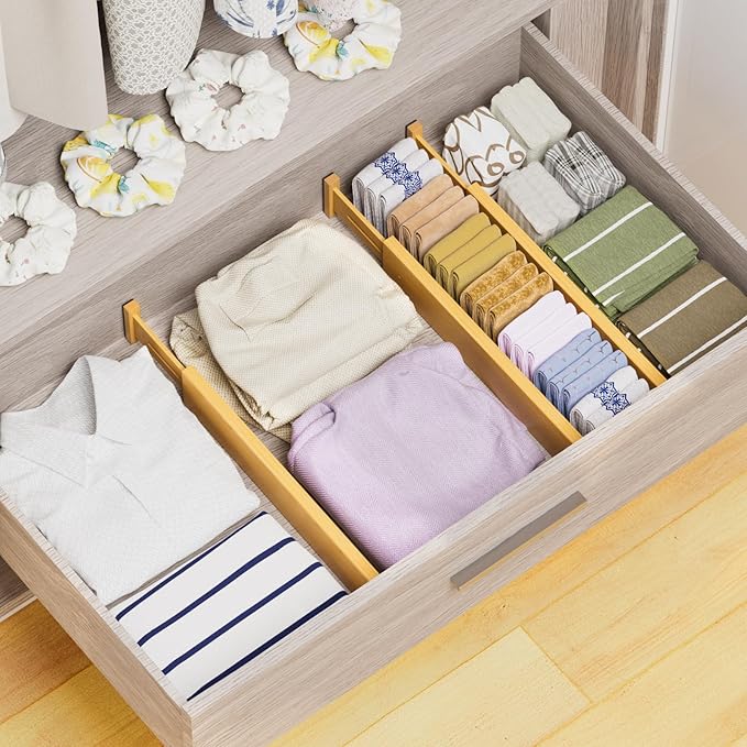 BAMBUROBA Bamboo Drawer Dividers, Adjustable Organizer for Kitchen & Bedroom, Expandable 17-22" Drawer Separators, 4-Pack