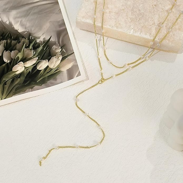 Gold Necklace for Women Trendy Lariat Y Necklace Dainty 14k Gold Plated/Silver Long Necklaces for Women Layered Beaded Drop Necklaces Simple Y-Shaped Chain Jewelry Gifts