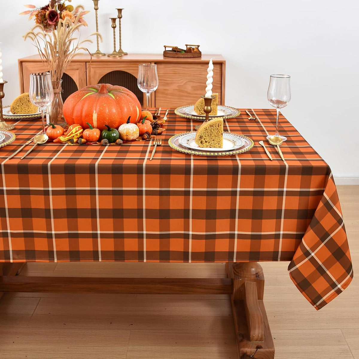 Waterproof Gingham Festive Tablecloth Fabric - Oblong 52x70 Inch Classic Buffalo Tartan Autumn Table Cloth for Outdoor Use - Give Thanks Tabletop Cover Perfect for Halloween, BBQs, Parties