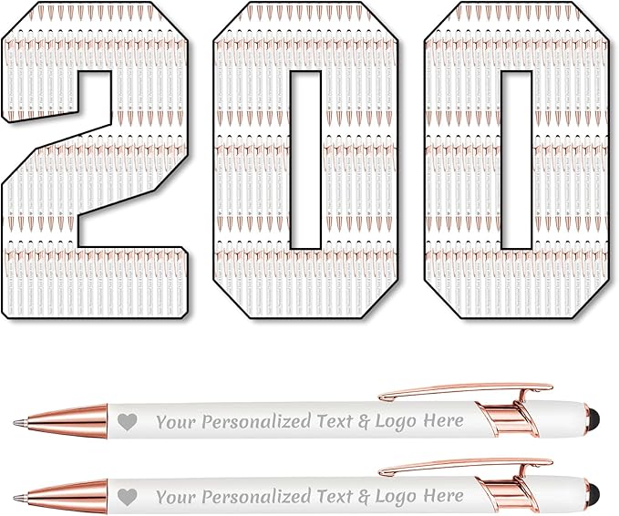 STREADVE 200 Personalized Custom Pens Engraved Writing Pen with Name Logo, Customized Promotional Items Stylus Pen Gifts for Communion Wedding Men Women Realtor Business, White