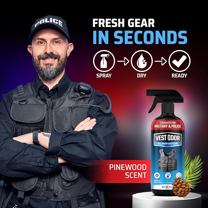 Vest Odor Remover Spray – for Police Gear, Law Enforcement Accessories & Tactical Equipment – Non-Toxic, Residue-Free, Long-Lasting Fresh Scent – 2 Pack