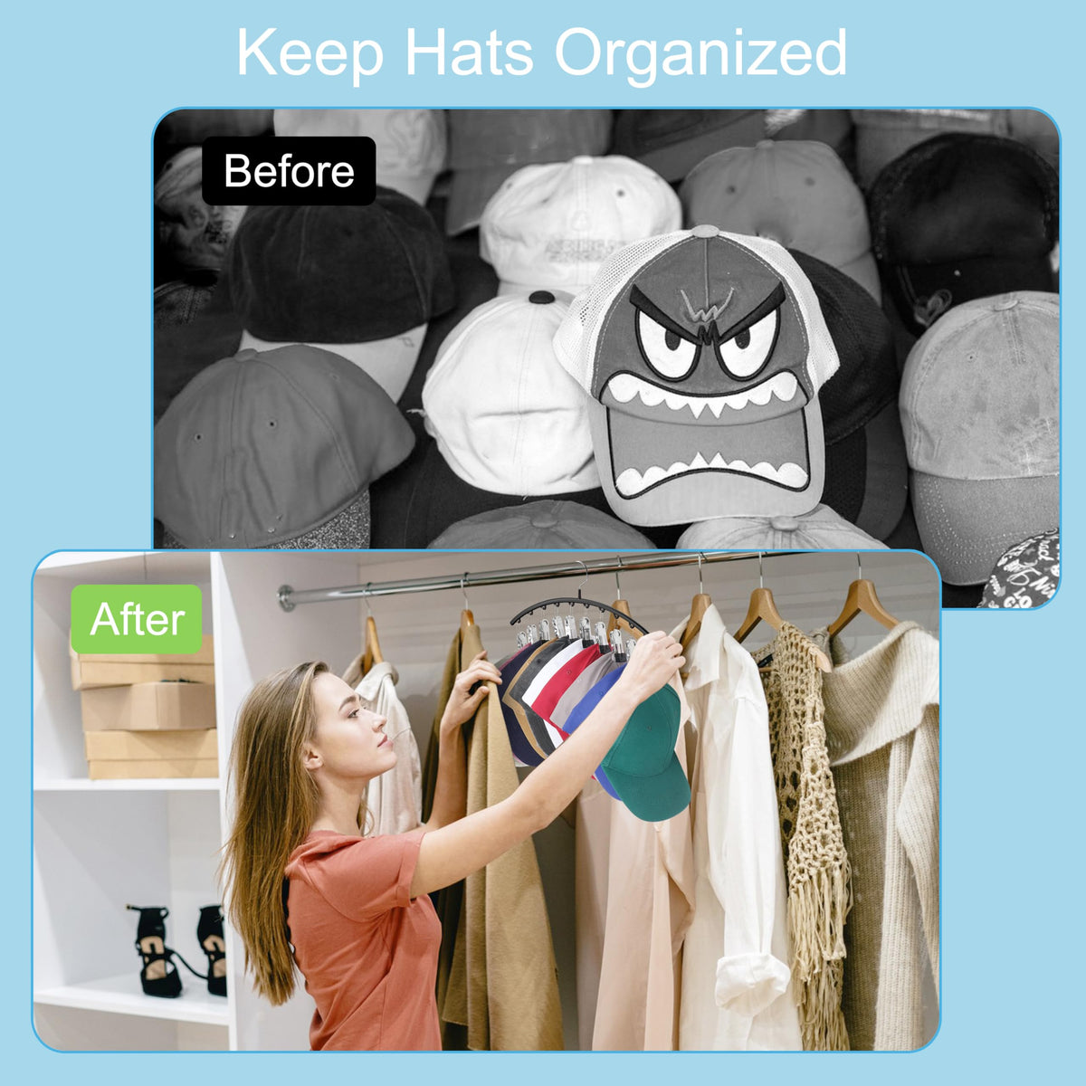 Hat Hangers for Closet, Metal 2 Pack Hat Organizer Holder for Hanger Closet Display, Hat Racks for Baseball Caps w/10 Clips, Hat Holder for Ball Caps & Accessories, for Men Women, Black