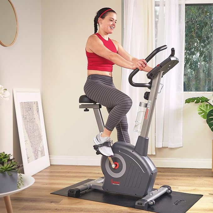 Sunny Health & Fitness Smart Stationary Exercise Upright Bike w/Pulse Sensor & 4-Way Adjustable Seat, Cycling Machine for Home Cardio Training, Free SunnyFit App Connection, Optional Resistance Band