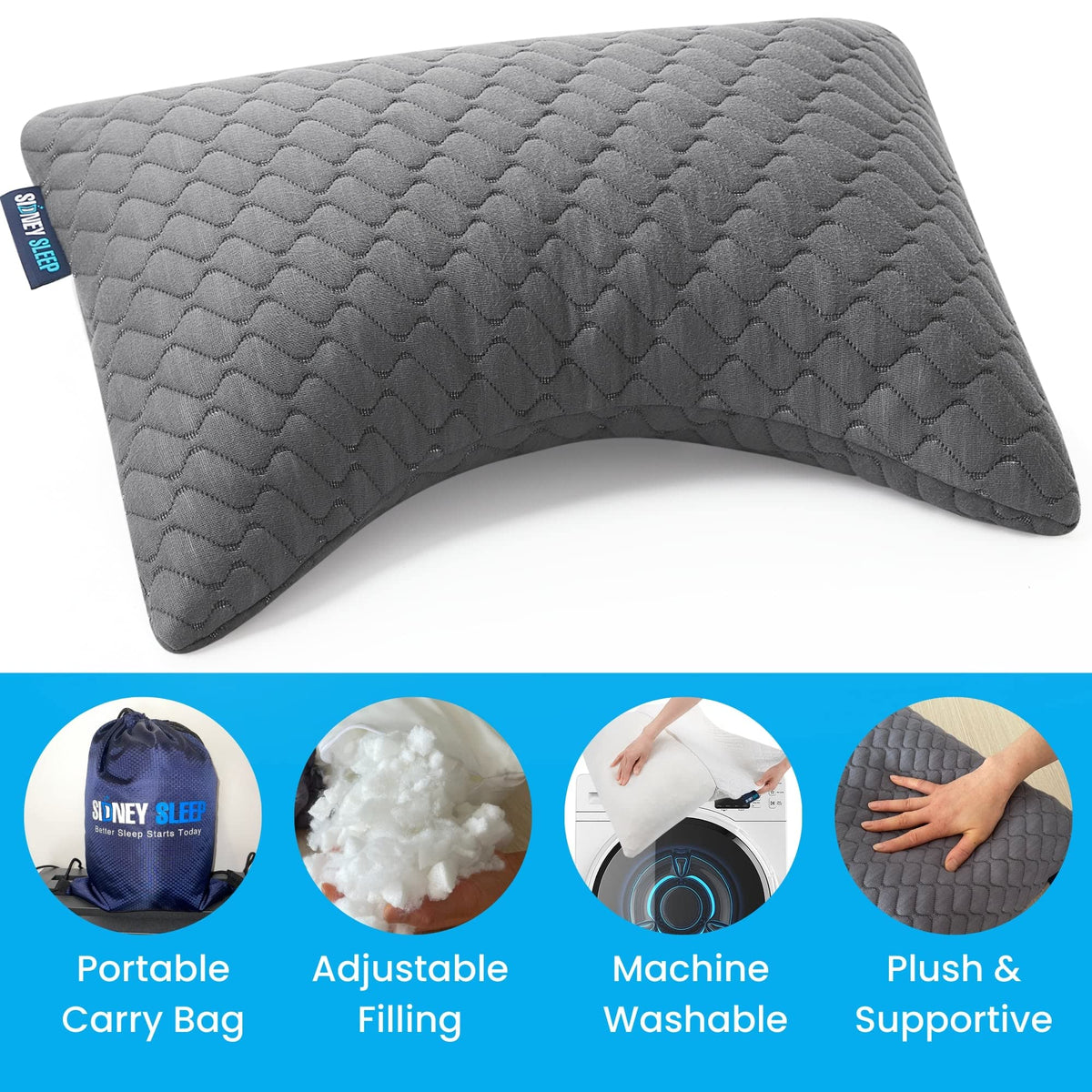 Sidney Sleep Mini Travel Size Neck Pillow - Knee, Back Lumbar and Support - Small Curved Pillow - 14 x 19 Inches - Adjustable Loft - Washable - Drawstring Backpack Included (Mini - Grey)