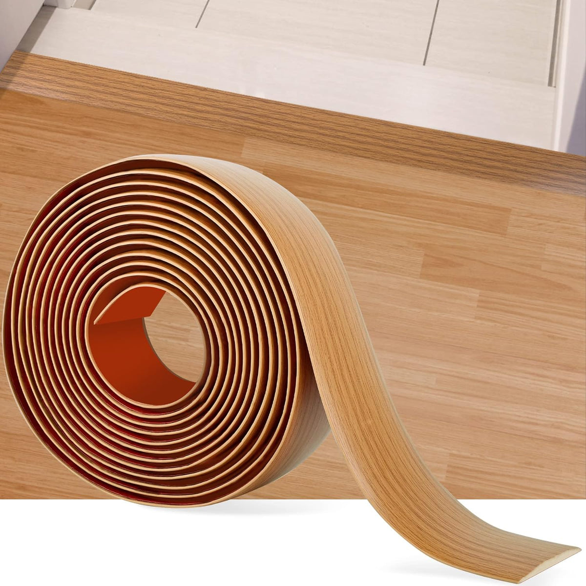 16.4Ft Floor Transition Strip Self Adhesive Vinyl Cover Floor Strip Flat Divider Transition Strip Wood Grain Design for Laminate Floor Gaps and Doorway Transitions (16.4Ft x 2 Inch, Light Brown)