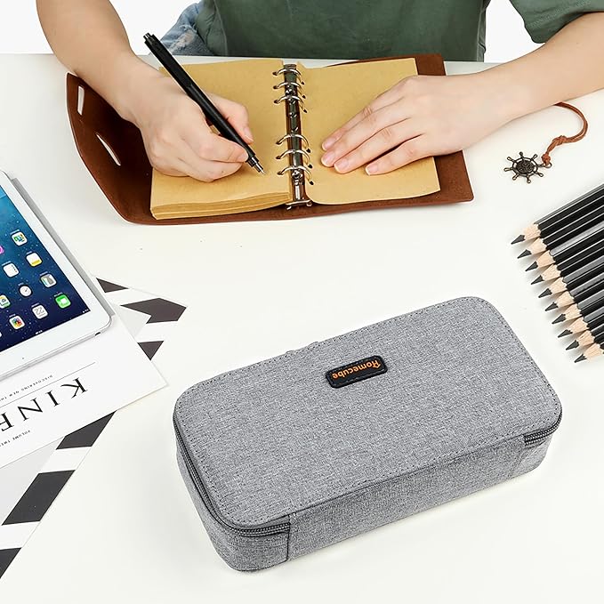 Homecube Pencil Case Capacious Pen Pencil Holder Box Makeup Pens Pouch Oxford Cloth Bag Large Storage Stationery Organizer with Zipper for School & Office - Gray