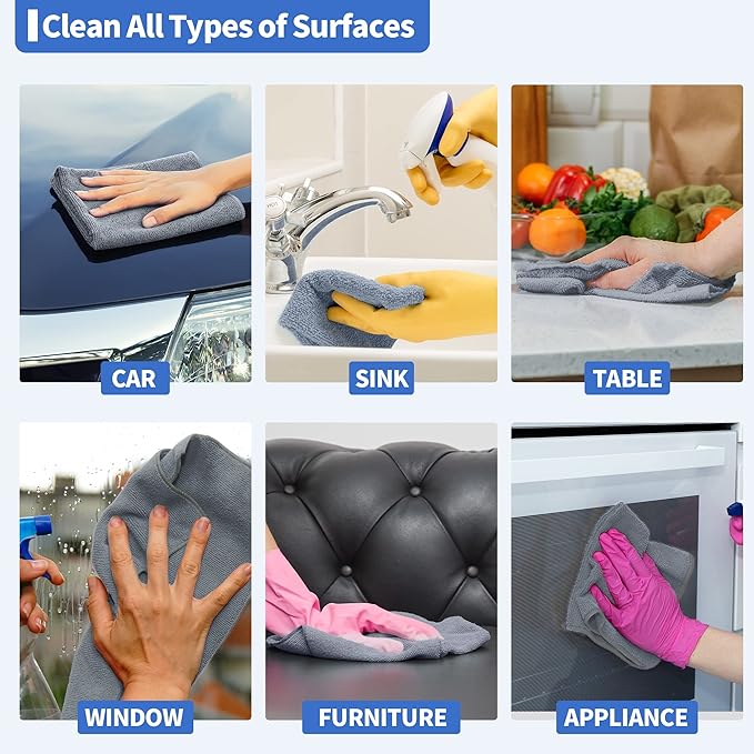 HOMERHYME Microfiber Cleaning Cloth, Premium 8 Pack Cleaning Towels, Lint-Free Streak-Free Ultra Absorbent, 300GSM Reusable Microfiber Towel for Cars Shop Garage Home Kitchen, 12.6" x 12.6" Grey