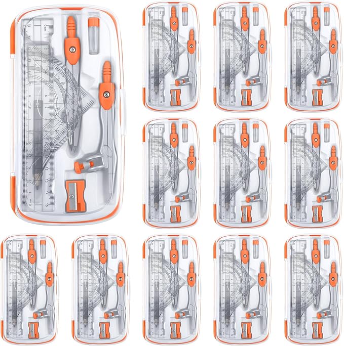 Teling 12 Sets Math Geometry Kit for Students 10 Pcs Compass Geometry Tools Set Includes Rulers Protractor Compass Eraser Pencil Sharpener Lead Refills Pencil (Orange)