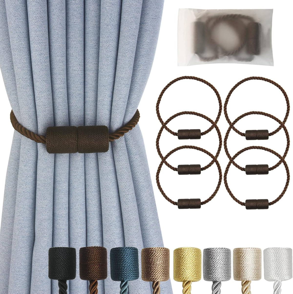 Magnetic Curtain Tiebacks 6 Pack Coffee Curtain Rope Tieback Curtain Holders for Drapes Modern Tie Backs Decorative Curtain Holdbacks