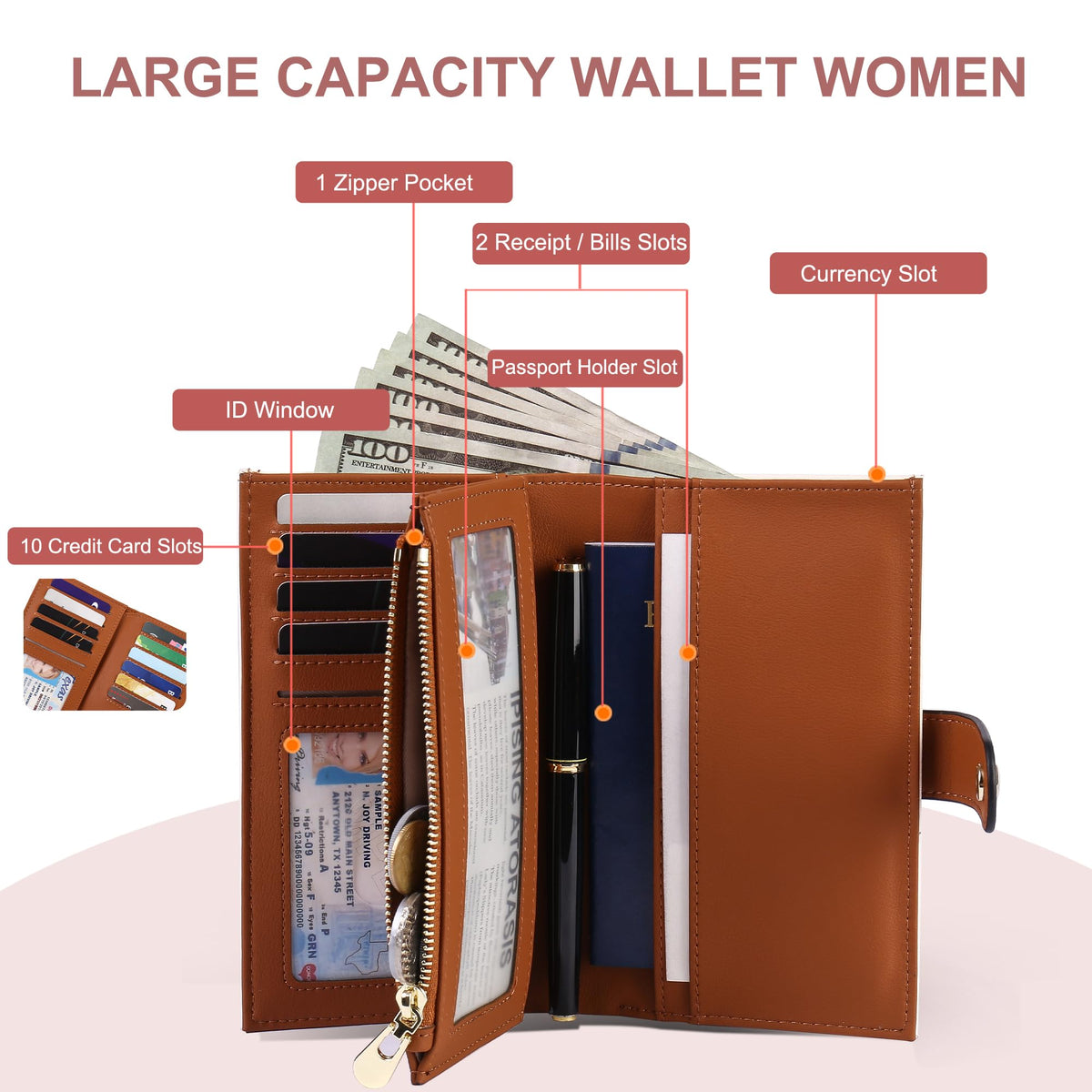 yiijay Women's Wallets RFID Blocking Leather Trifold Clutch Wallet Credit Card Holder Ladies Travel Wallet Purse with Pen Holder