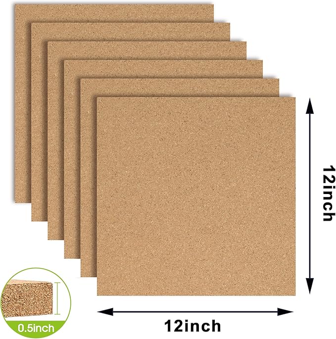 AKTOP Cork Board Bulletin Board 12x12, 1/2" Thick Cork Board Tiles 6 Pack, Small Square Pin Board for Wall, Self Adhesive Corkboards with 60 Push Pin Wood Clips for School, Home & Office